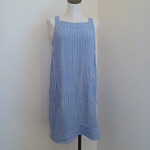 For Cynthia Blue White Stripe Linen Blend Sundress Knee-Length Sleeveless Medium